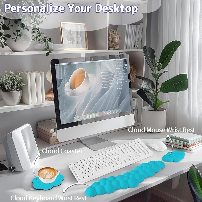 Sushret Cloud Wrist Rest for Keyboard and Mouse, Memory Foam PU Leather Keyboard Wrist Rest with Ergonomic Support, Non-Slip Base, Cute Arm Rest Pad & Palm Cushion, Office Desk Accessory, Scuba Blue - Image 2